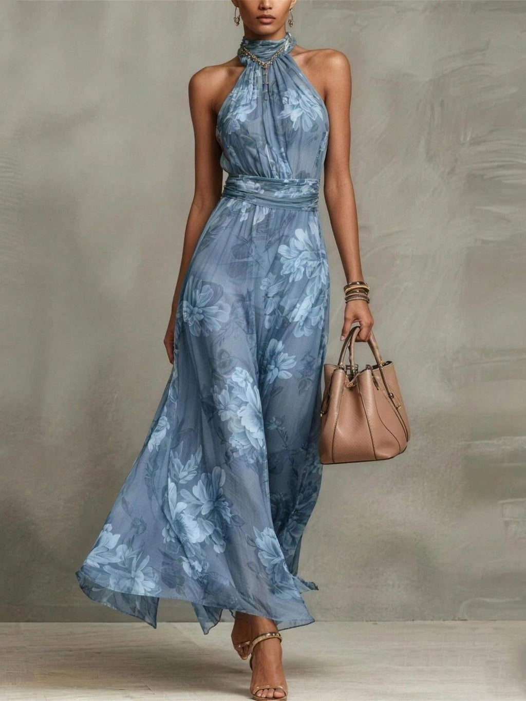 Polly Green Floral Chiffon Halter Maxi Dress Avalabel