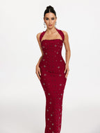 elvira Halterneck Pearl Bandage midi Dress in red Avalabel