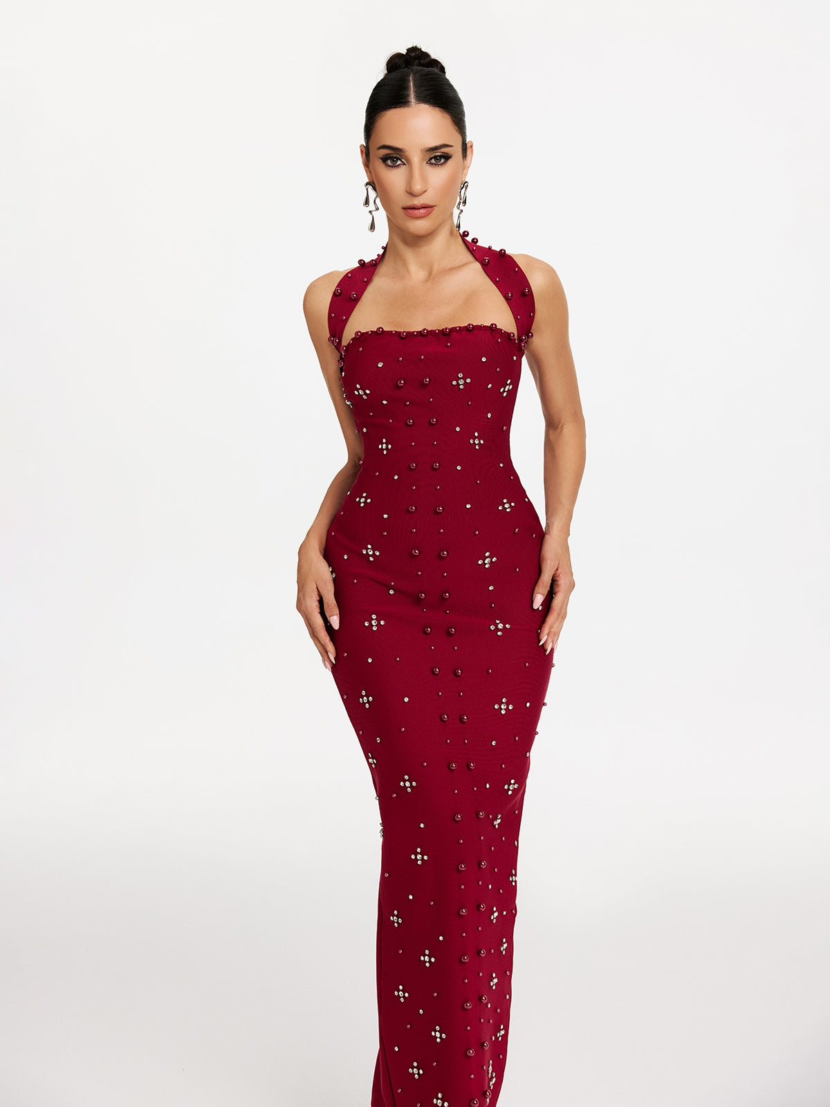 elvira Halterneck Pearl Bandage midi Dress in red Avalabel