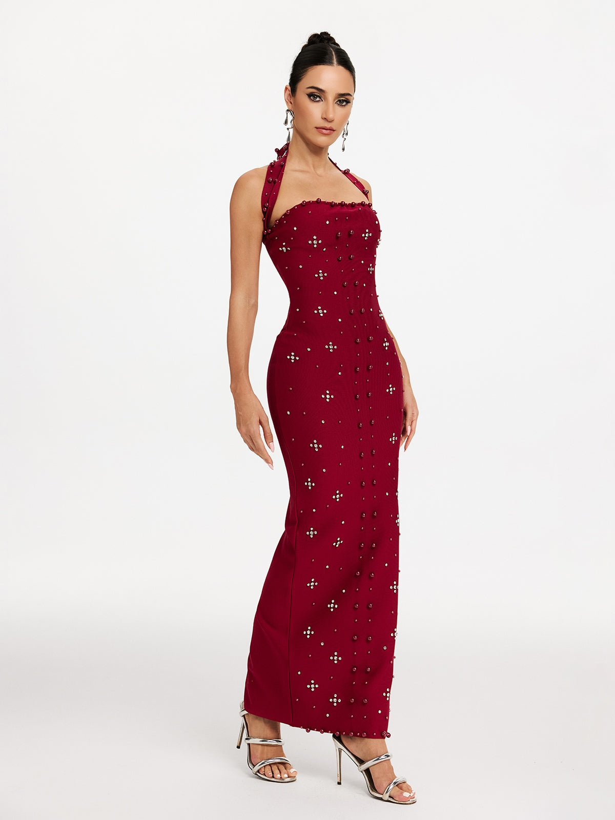 elvira Halterneck Pearl Bandage midi Dress in red Avalabel
