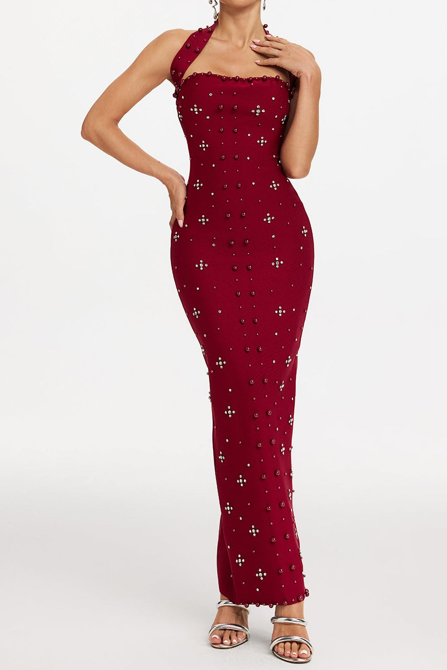 elvira Halterneck Pearl Bandage midi Dress in red Avalabel