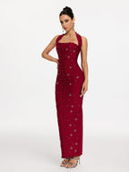elvira Halterneck Pearl Bandage midi Dress in red Avalabel