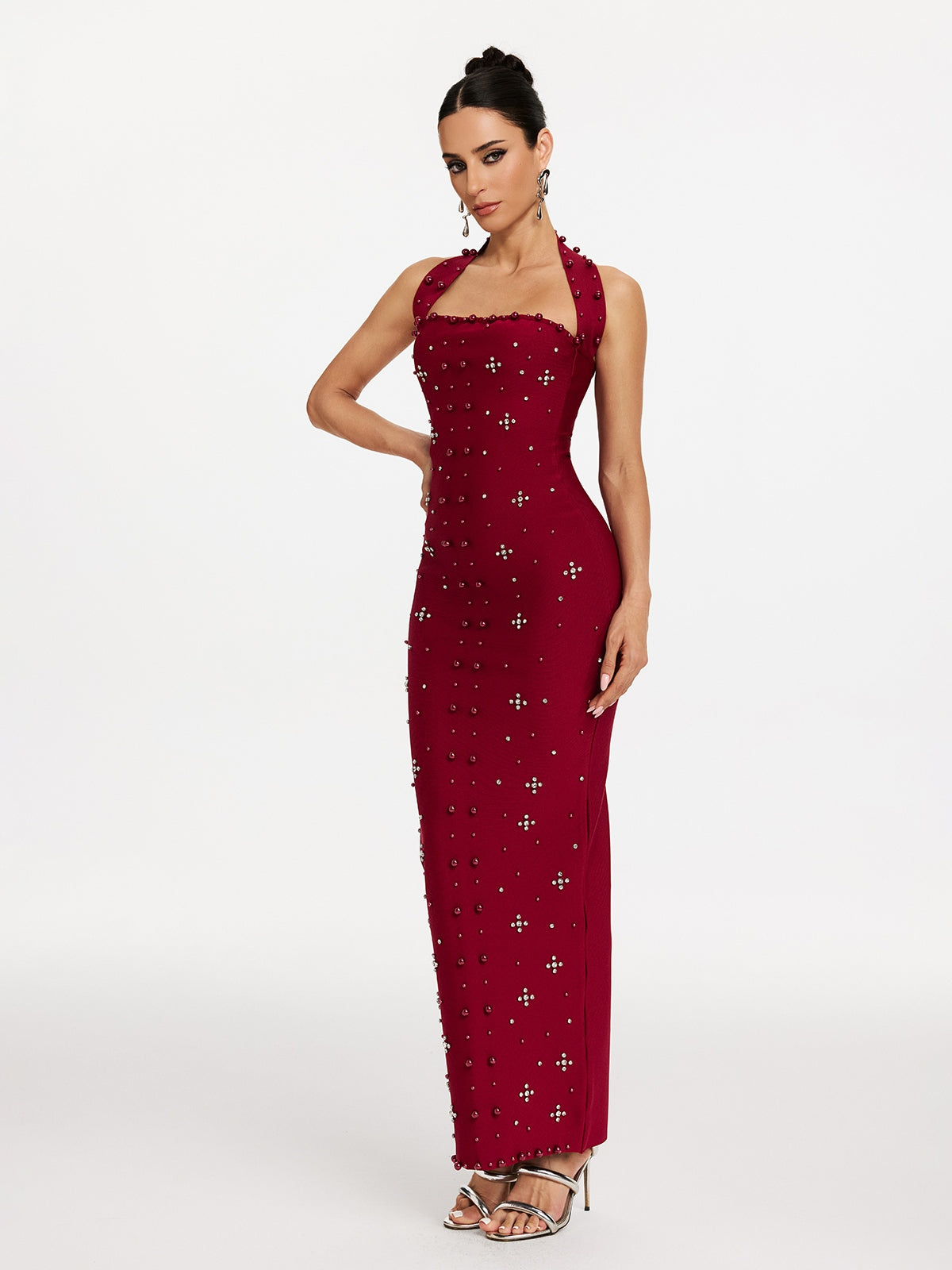 elvira Halterneck Pearl Bandage midi Dress in red Avalabel