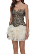 Strapless Black Lace Corset Ruffle Tulle Mini Dress poava