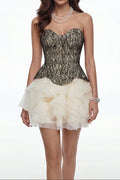 Strapless Black Lace Corset Ruffle Tulle Mini Dress poava