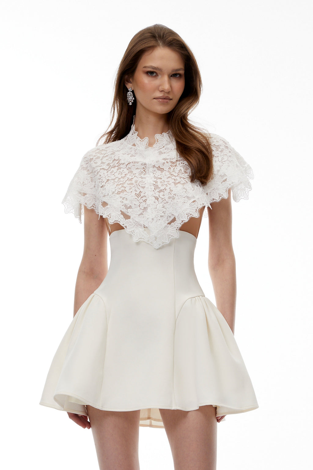 Mandana White Lace Mini Dress with Cape Avalabel