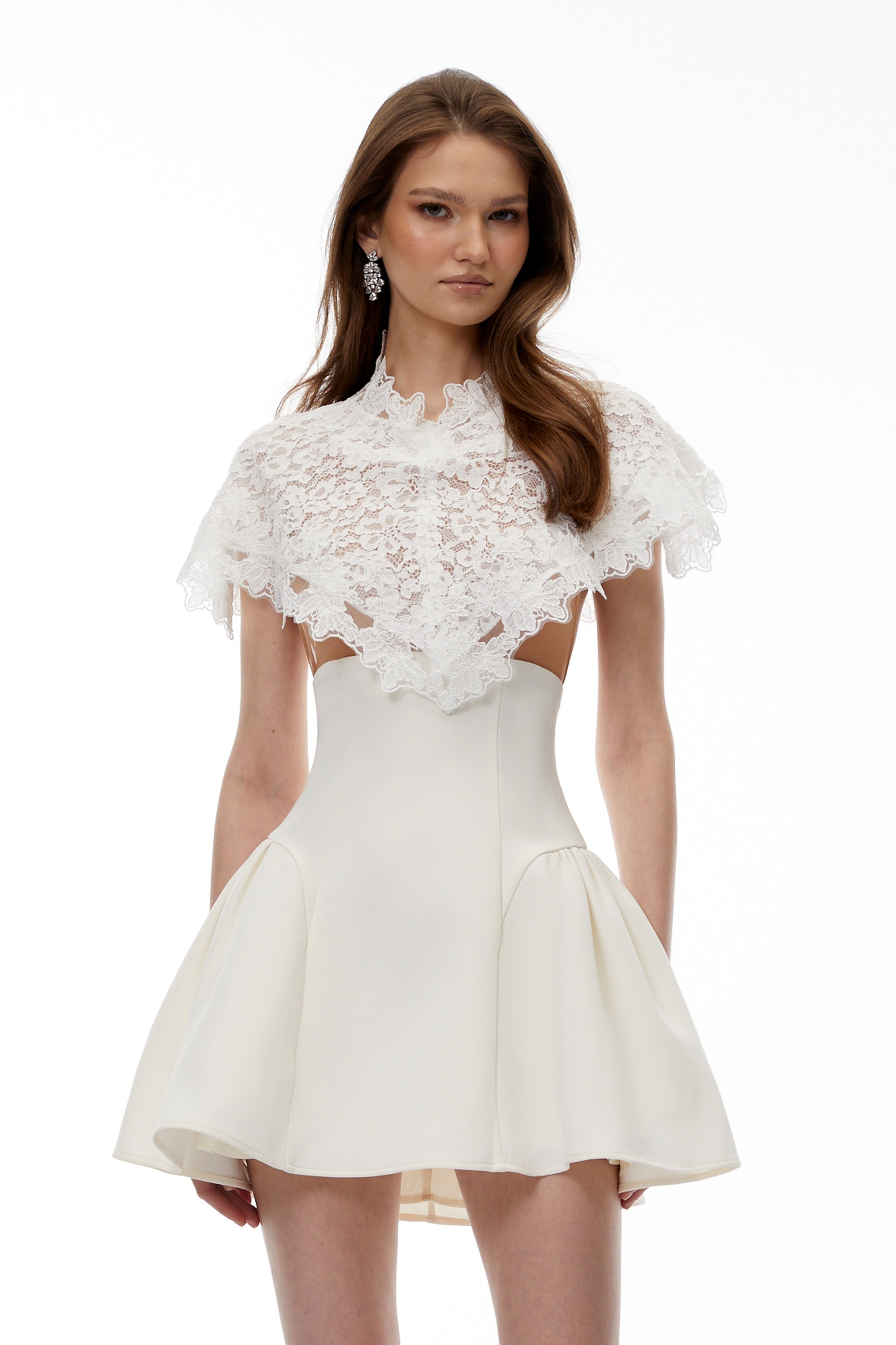 Mandana White Lace Mini Dress with Cape Avalabel
