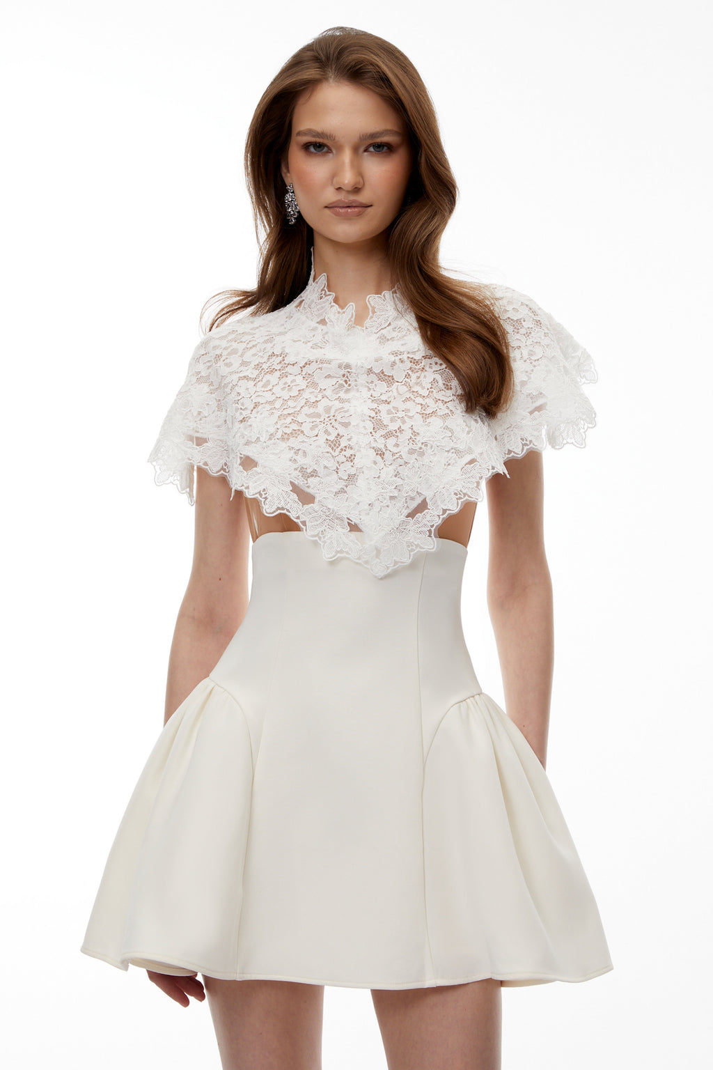 Mandana White Lace Mini Dress with Cape Avalabel