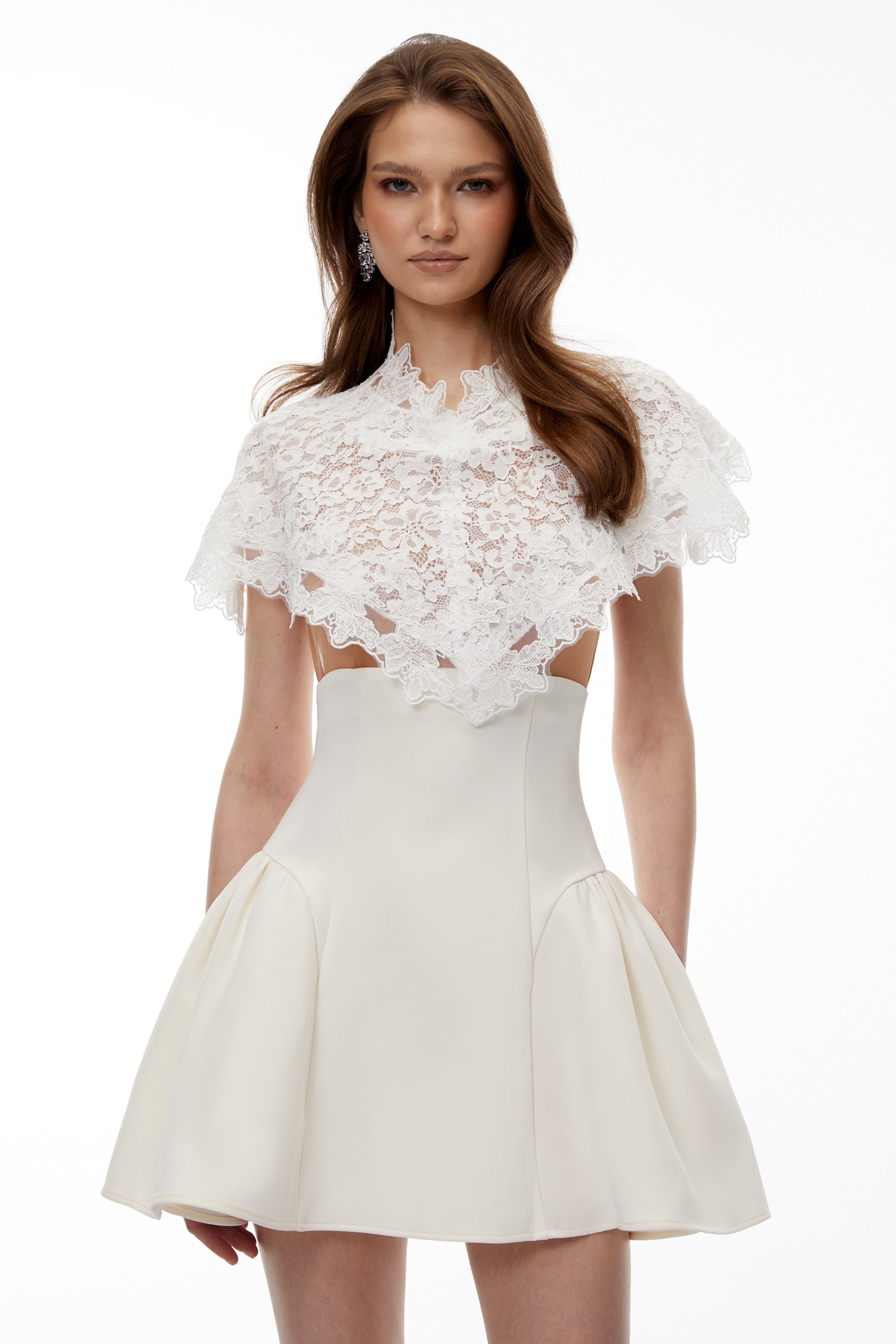 Mandana White Lace Mini Dress with Cape Avalabel