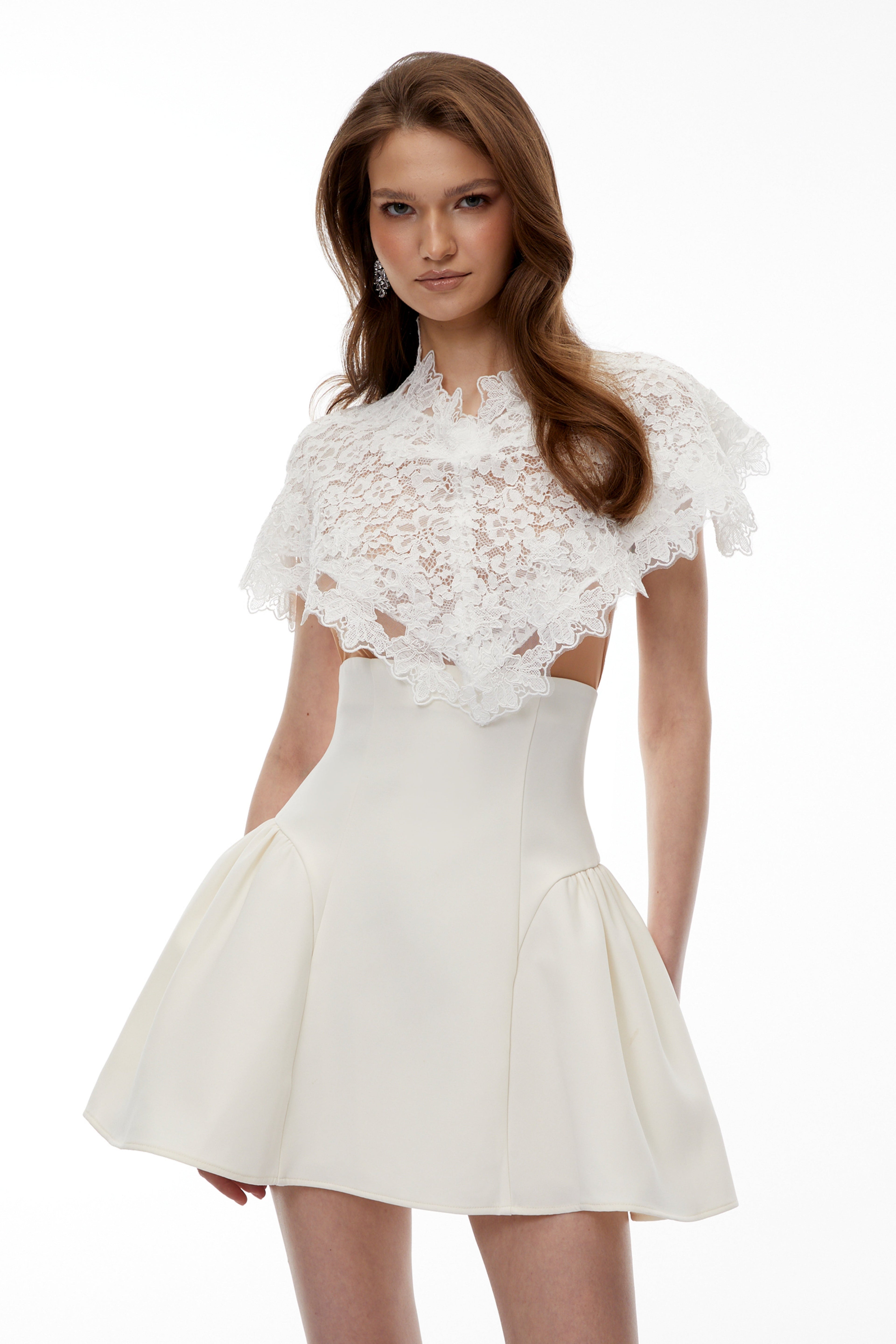 Mandana White Lace Mini Dress with Cape Avalabel