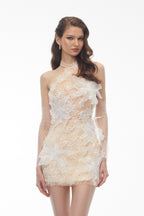 Shirley Champagne Halterneck Mini Dress with 3D Petals Avalabel