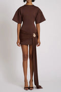 Draped Embellished Mini Dress - Brown Avalabel