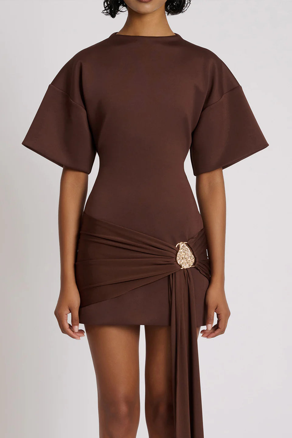 Draped Embellished Mini Dress - Brown Avalabel