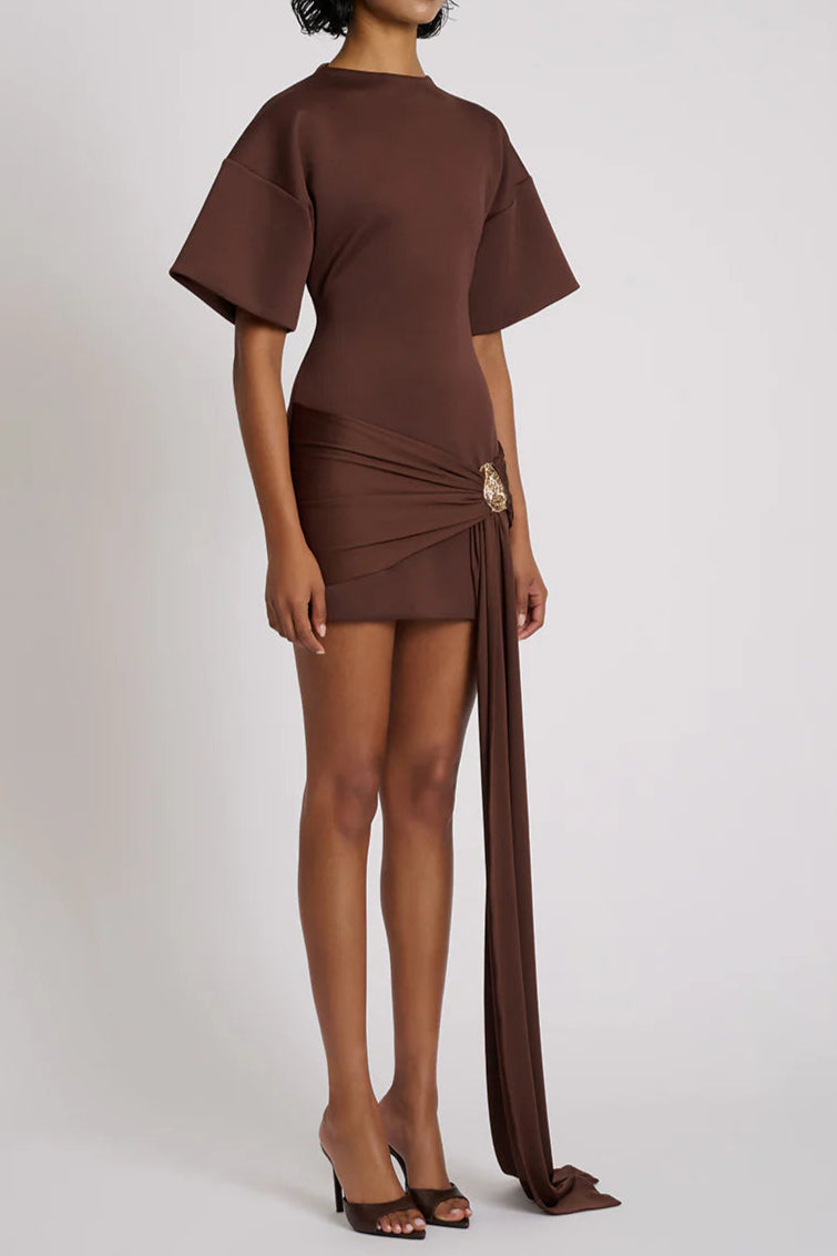Draped Embellished Mini Dress - Brown Avalabel