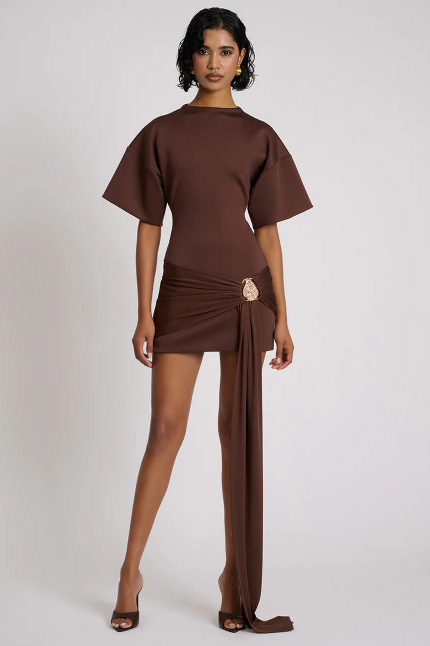 Draped Embellished Mini Dress - Brown Avalabel
