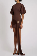 Draped Embellished Mini Dress - Brown Avalabel