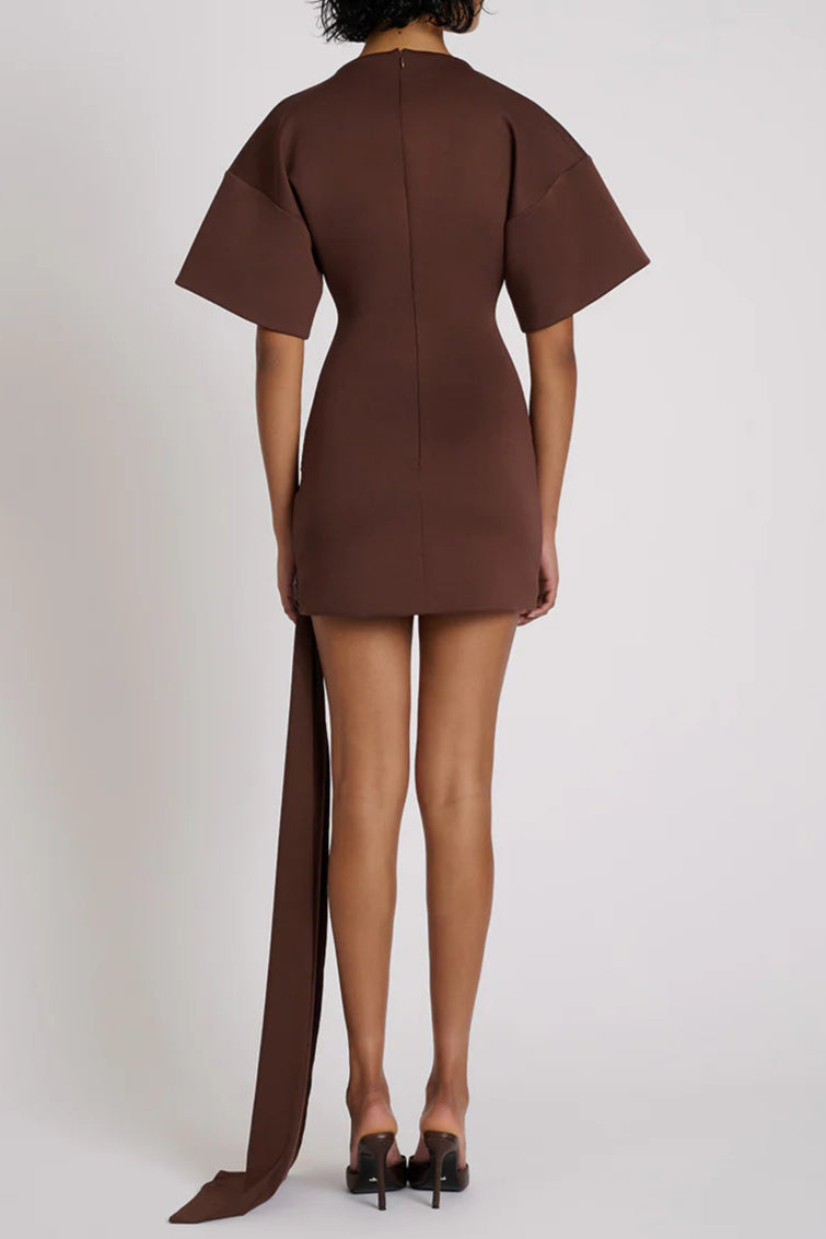 Draped Embellished Mini Dress - Brown Avalabel