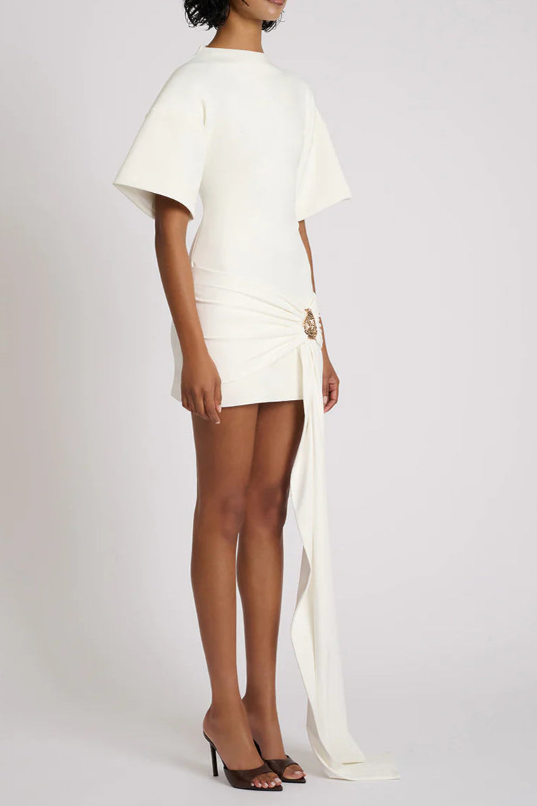 Draped Embellished Mini Dress - White Avalabel