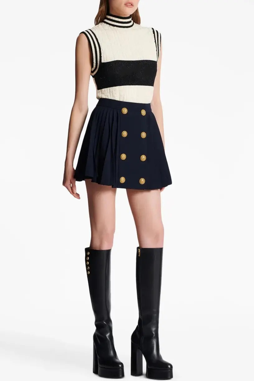 Megumi Gold Button Pleated Mini Skirt Avalabel