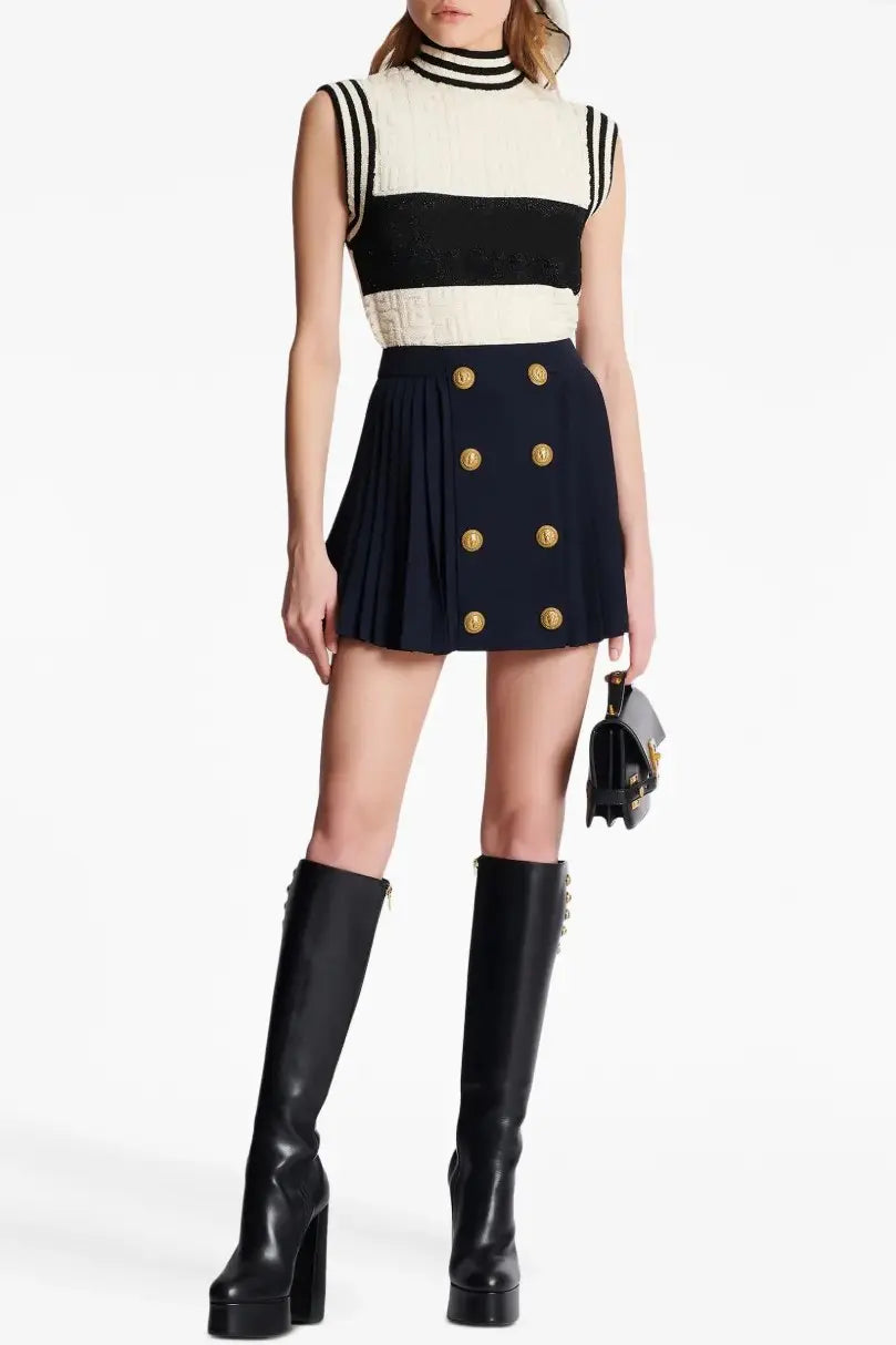 Megumi Gold Button Pleated Mini Skirt Avalabel