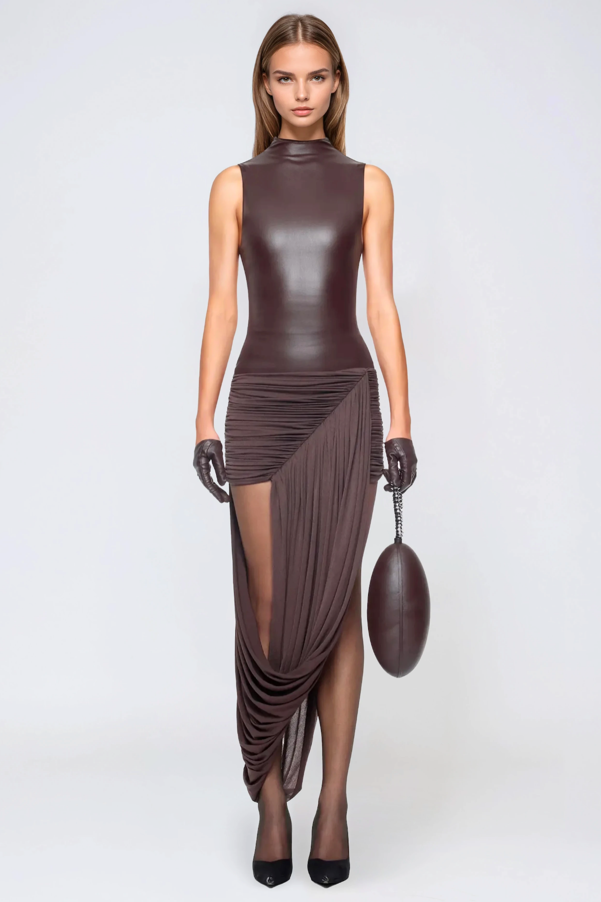 Mildre Asymmetric Draped Sleeveless Midi Dress Avalabel