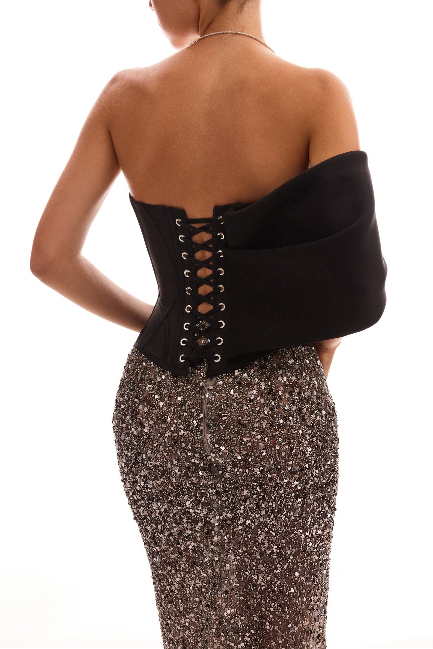 Showstopper fully sequined silver fitted maxi skirt, Midnight Walk