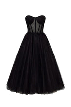 Black Strapless Puffy Midi Tulle Dress Avalabel