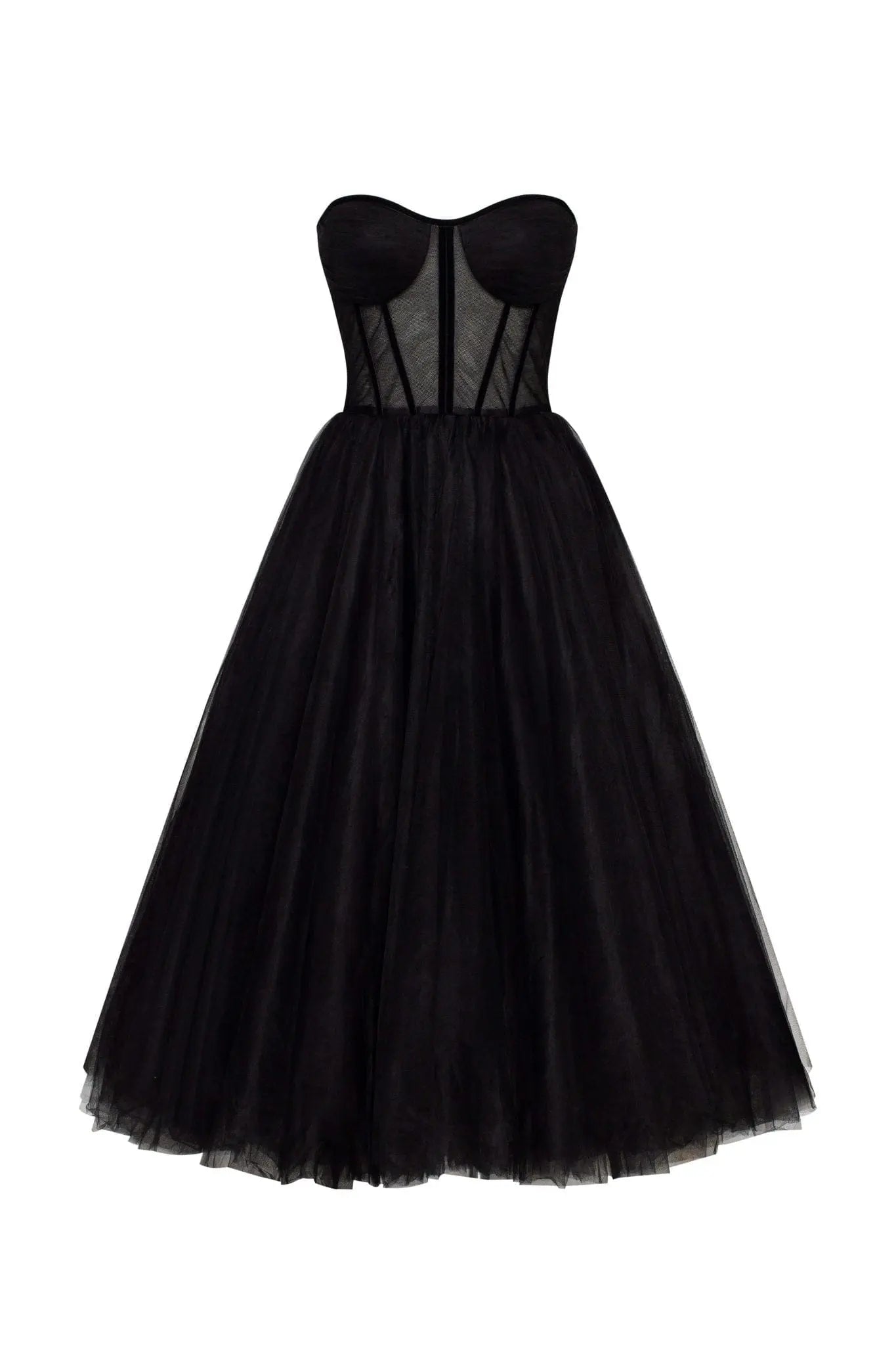Black Strapless Puffy Midi Tulle Dress Avalabel