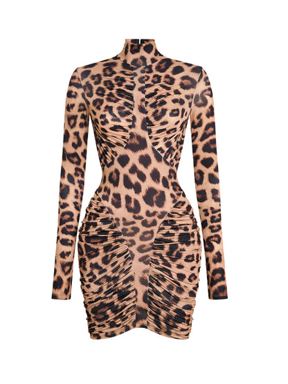 Sabrina Backless Ruched Bodycon Mini Dress In Leopard