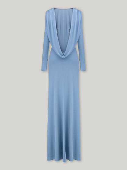 vicky Knitted long sleeves backless bodycon maxi dress in blue