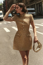tiffany pearl-embellished tweed mini dress in gold Avalabel