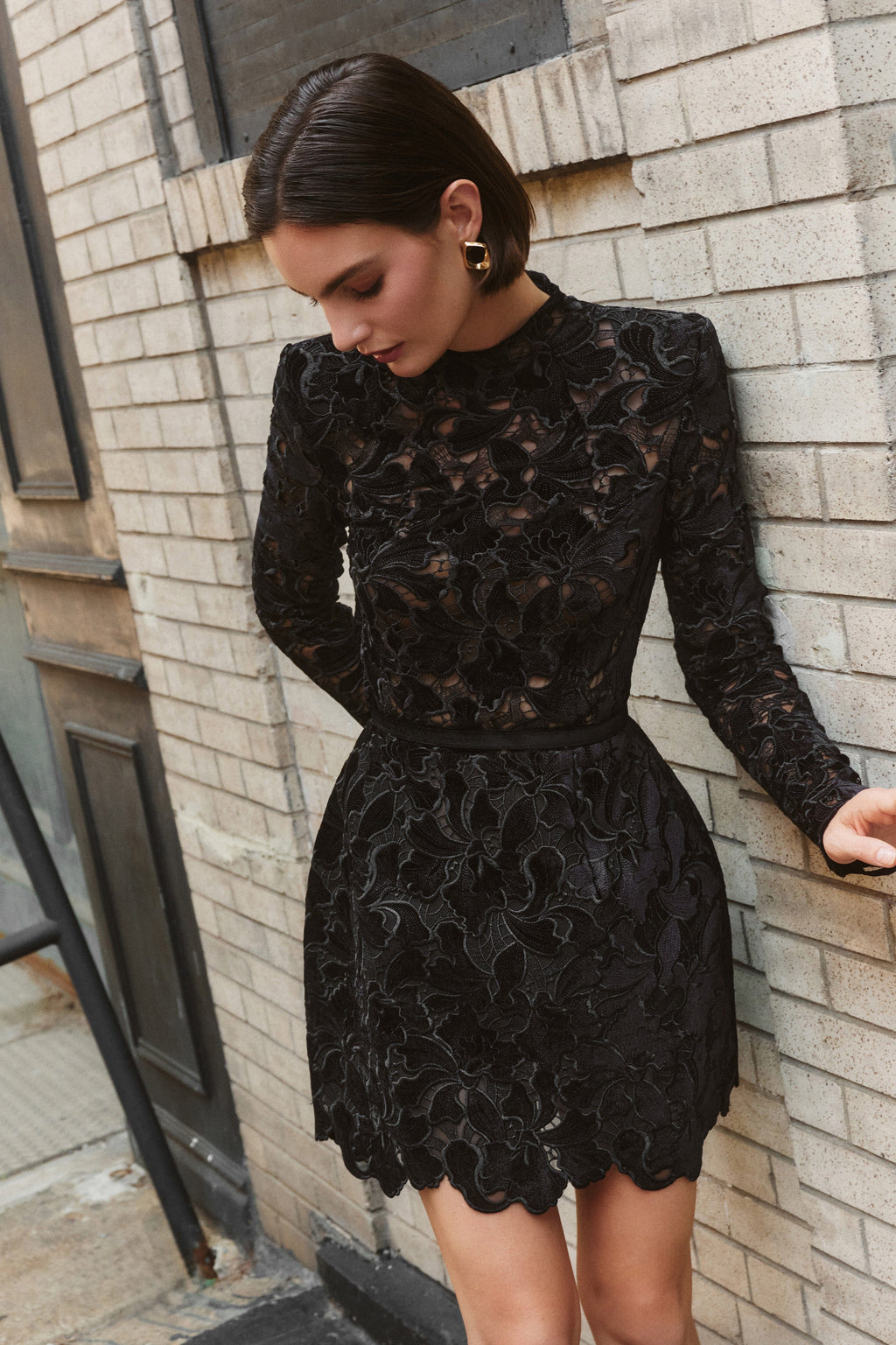 sherry Long-sleeved zippered lace mini dress in black Avalabel