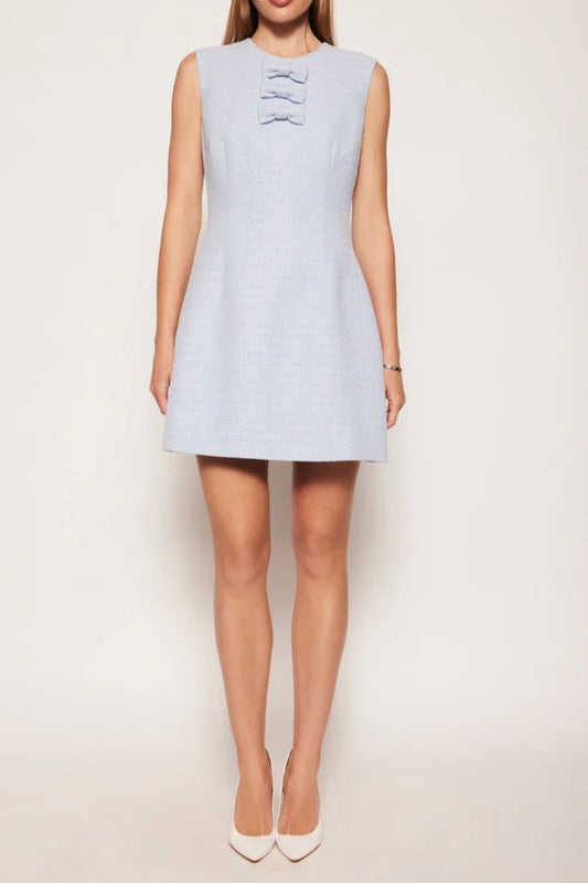 Tweed Bow embellished sleeveless mini dress in blue