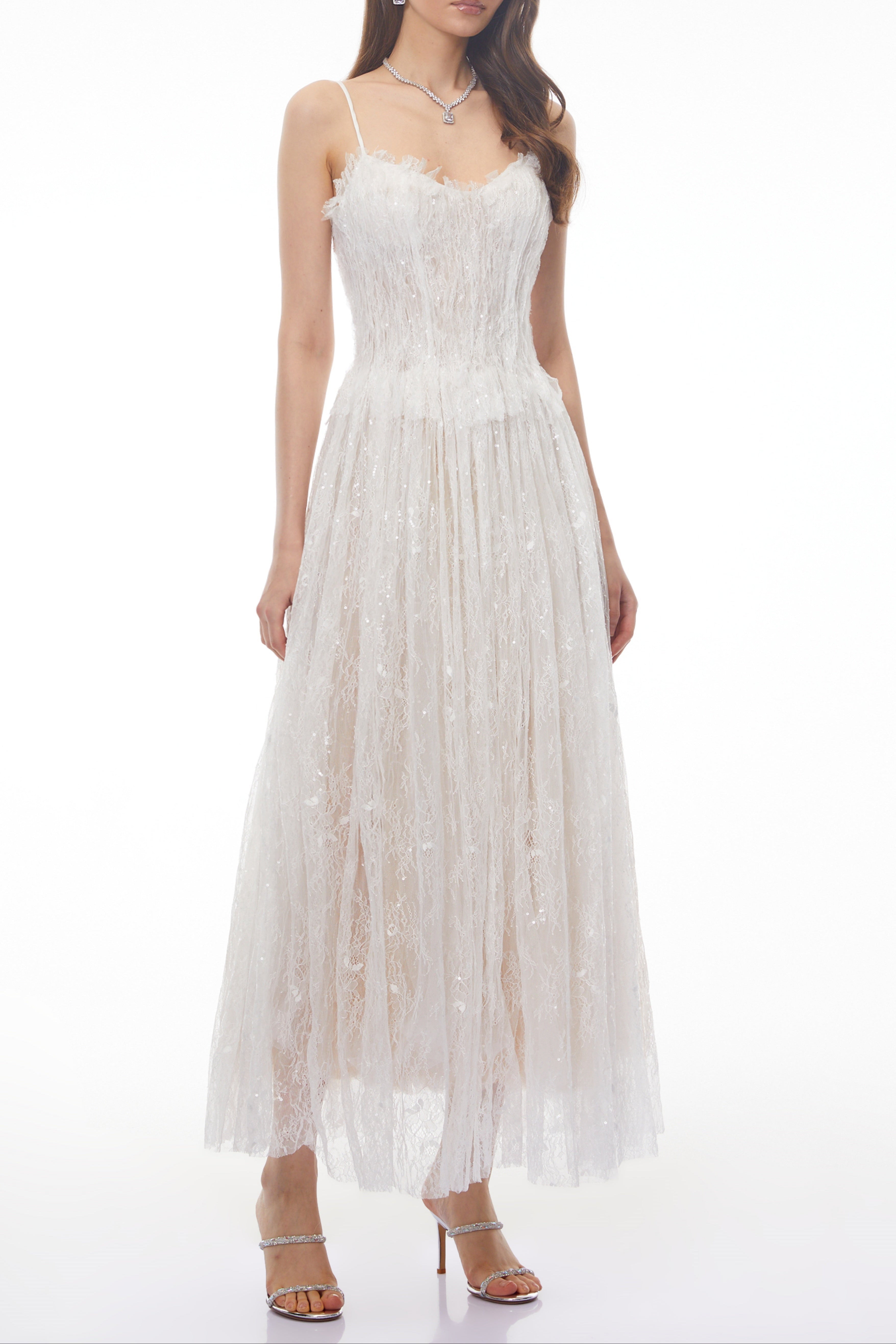 Nadir White Pleated Lace Maxi Dress Avalabel