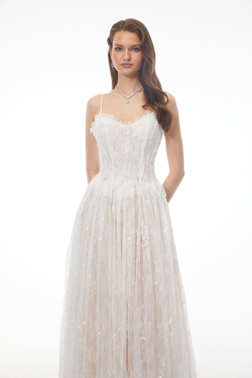 Nadir White Pleated Lace Maxi Dress Avalabel