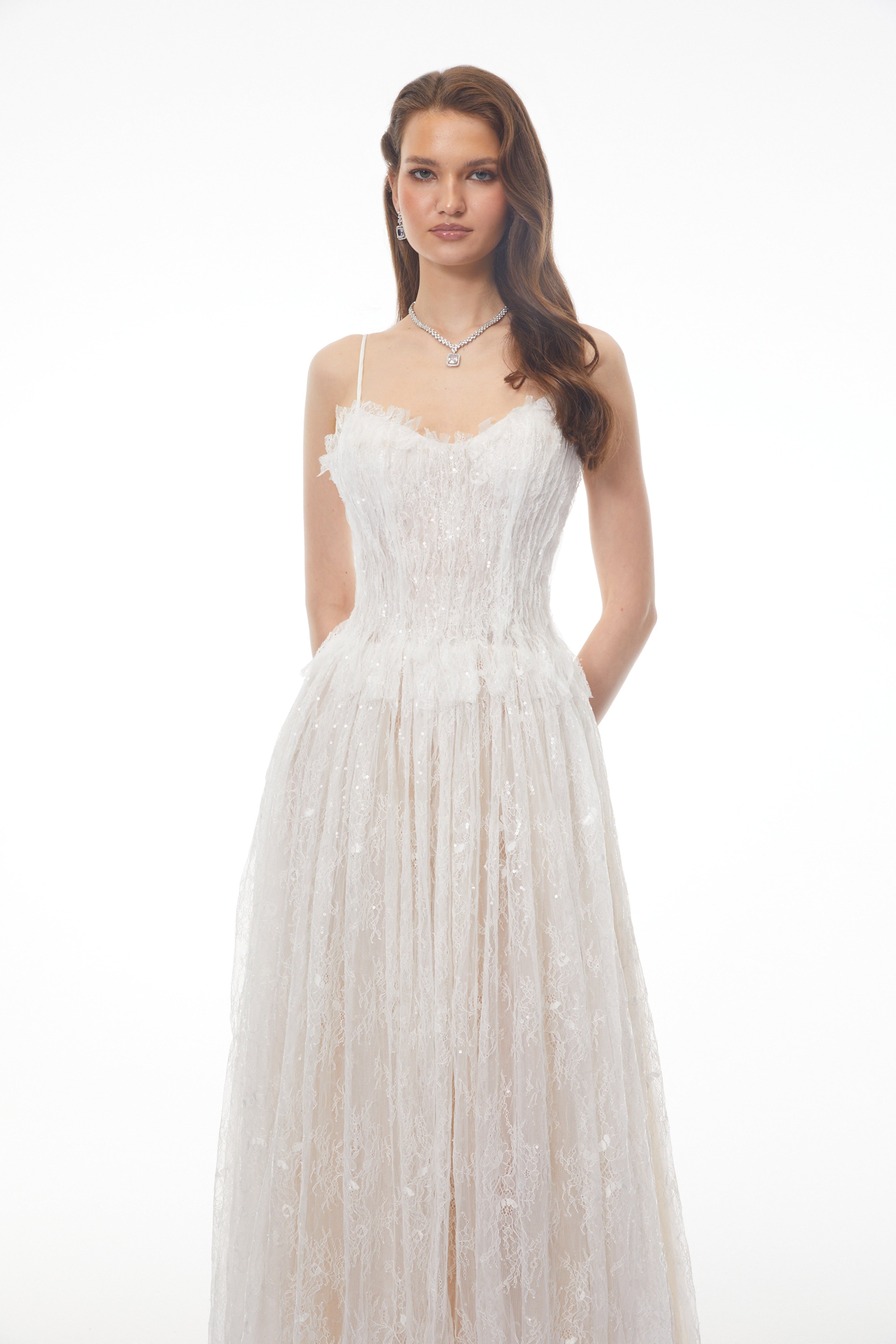 Nadir White Pleated Lace Maxi Dress Avalabel