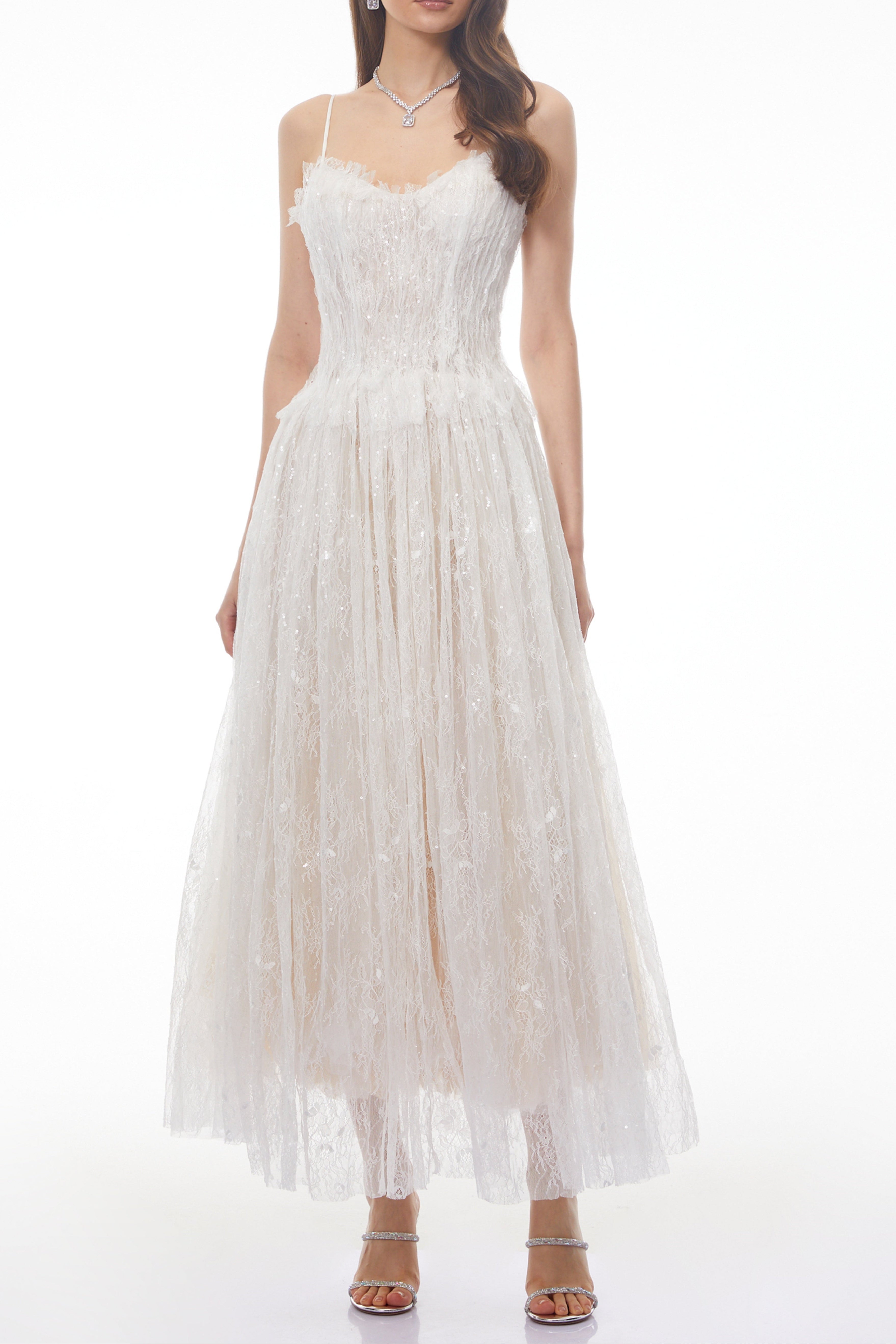 Nadir White Pleated Lace Maxi Dress Avalabel