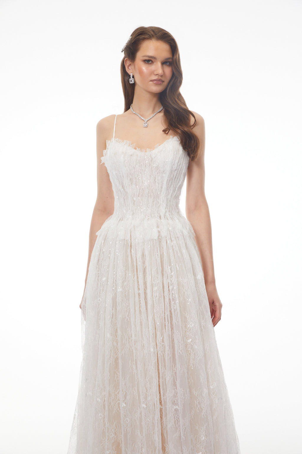 Nadir White Pleated Lace Maxi Dress Avalabel