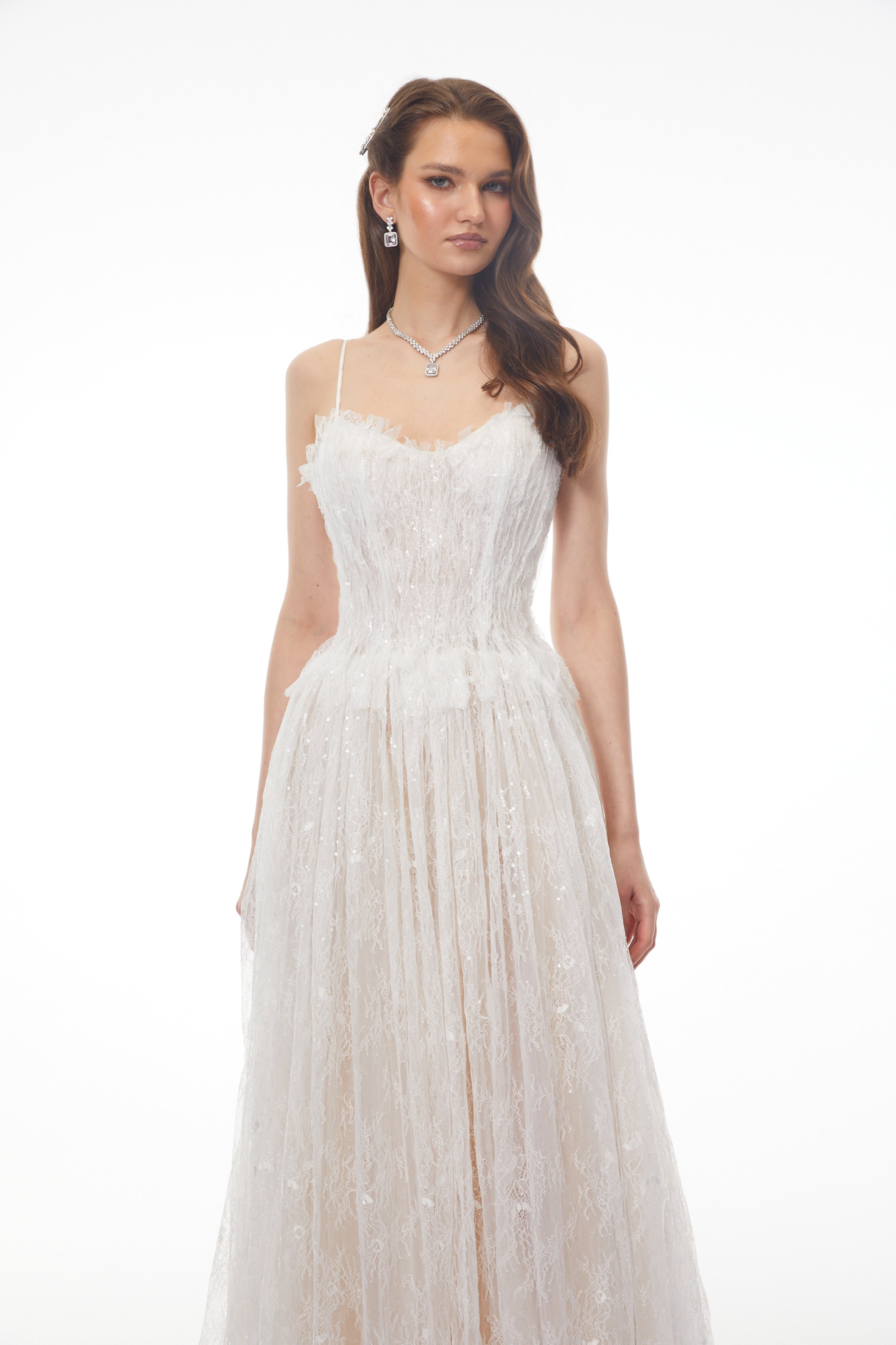 Nadir White Pleated Lace Maxi Dress Avalabel