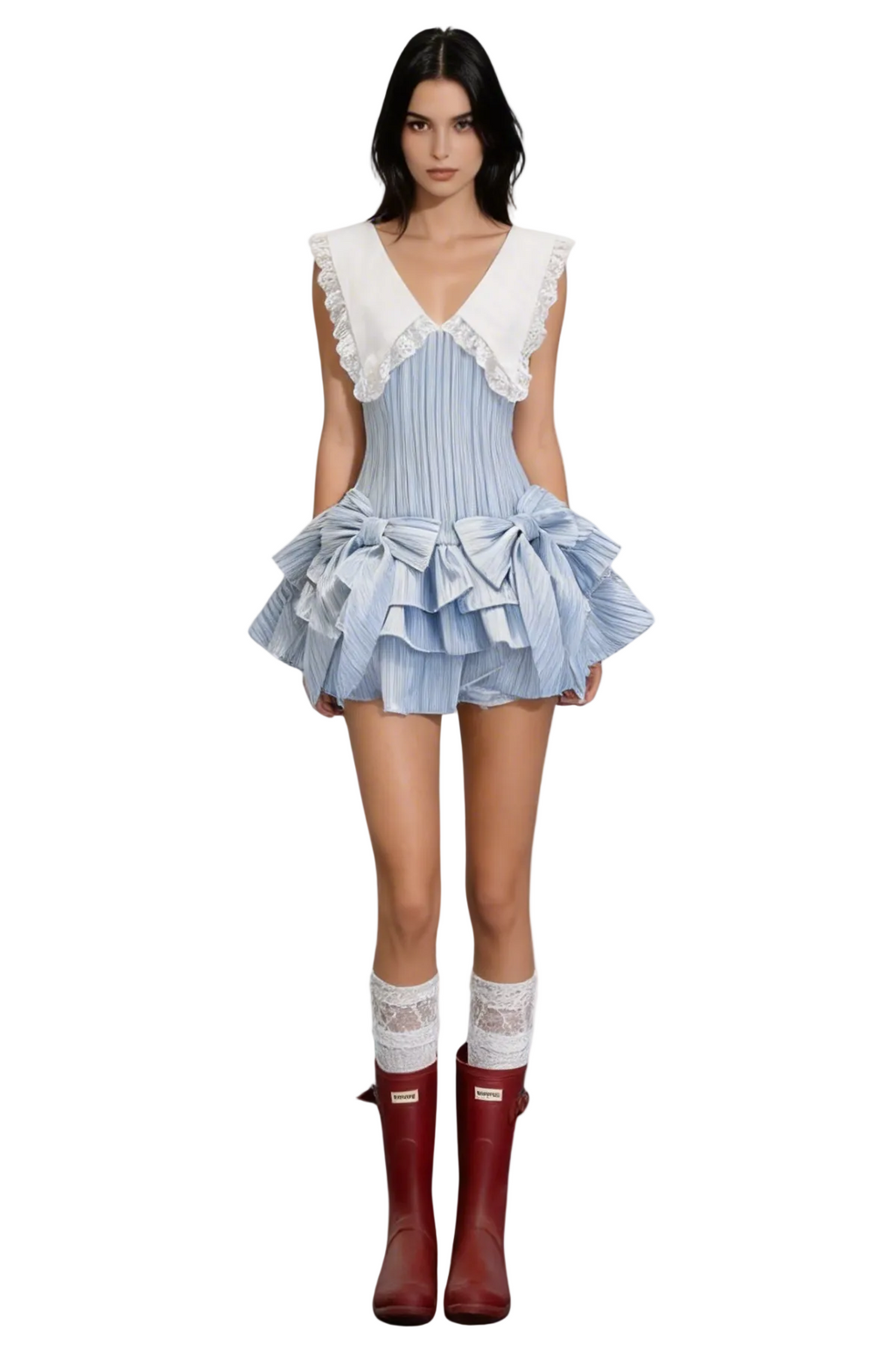 Nalaya Bow Stripe Puffy Mini Dress - Blue Avalabel