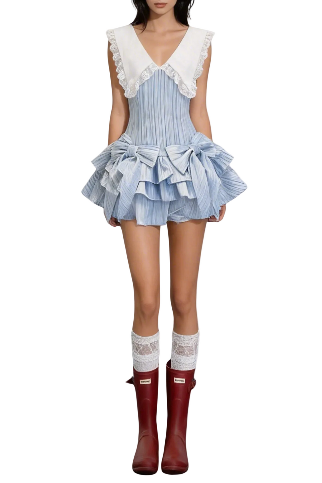 Nalaya Bow Stripe Puffy Mini Dress - Blue Avalabel