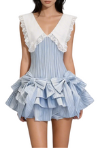 Nalaya Bow Stripe Puffy Mini Dress - Blue Avalabel