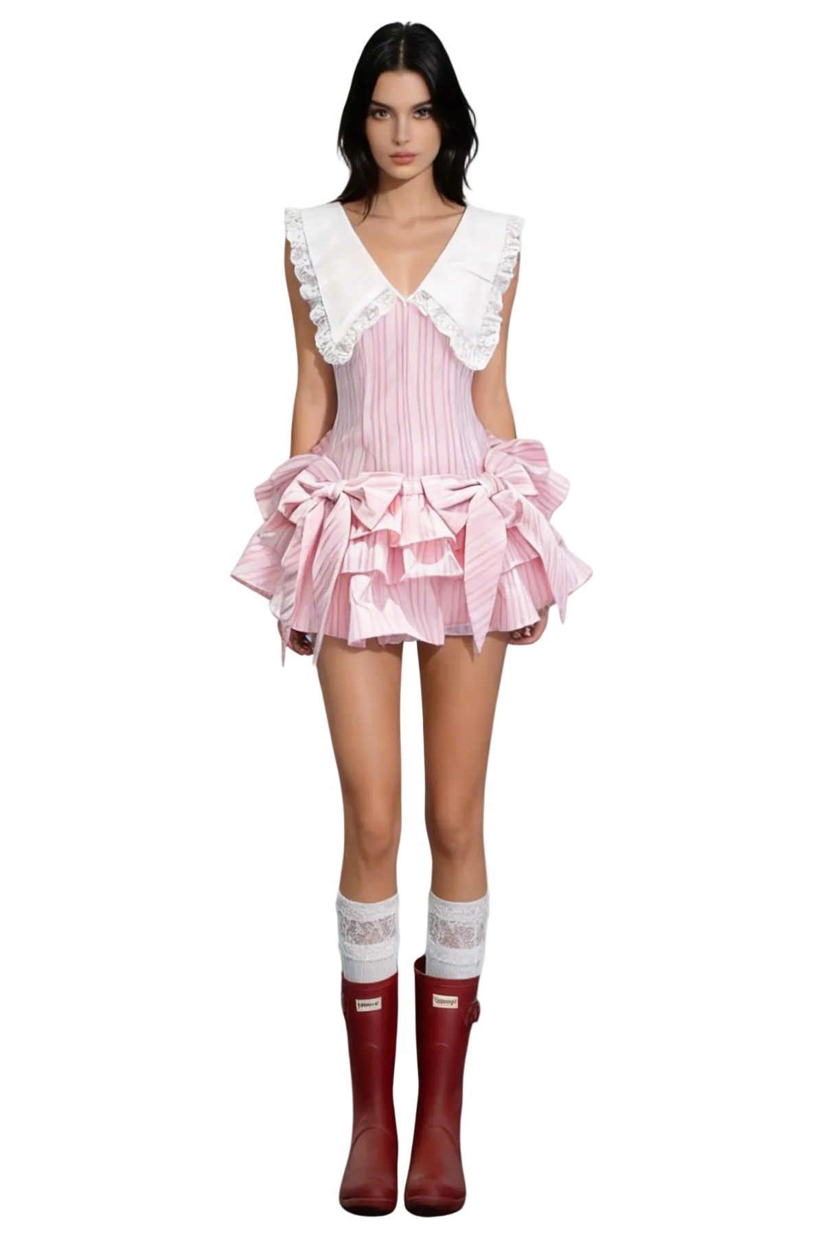 Nalaya Bow Stripe Puffy Mini Dress - Pink Avalabel