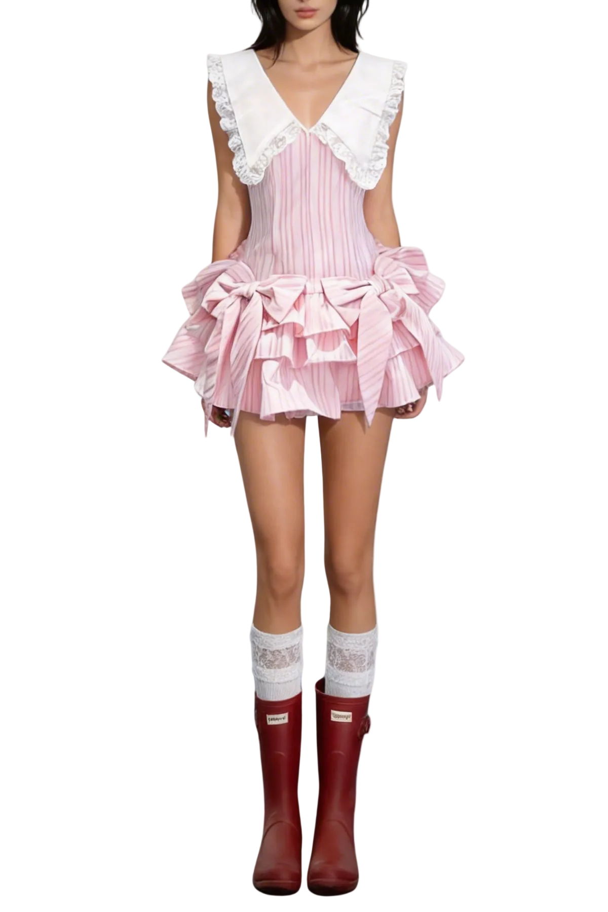 Nalaya Bow Stripe Puffy Mini Dress - Pink Avalabel