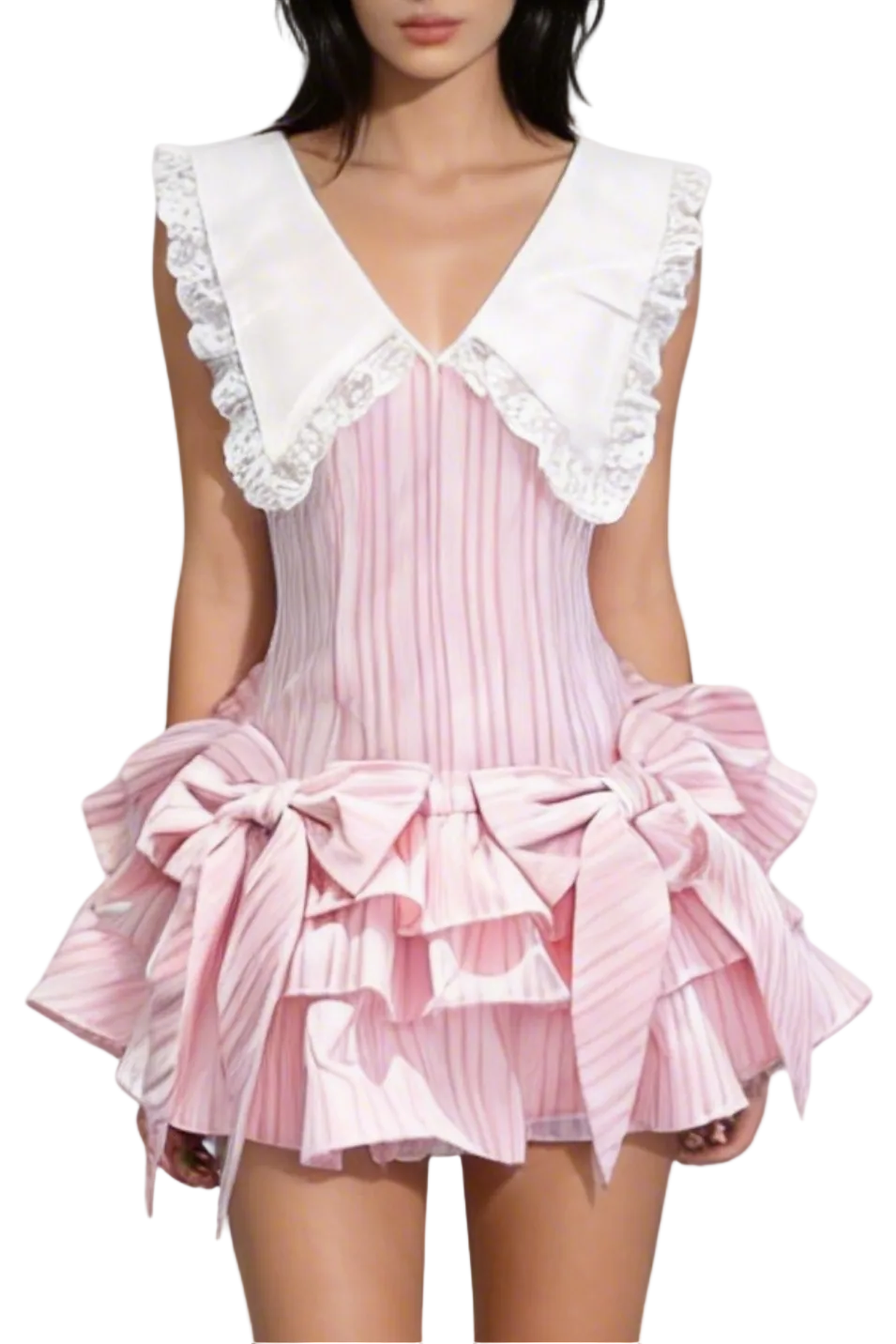 Nalaya Bow Stripe Puffy Mini Dress - Pink Avalabel