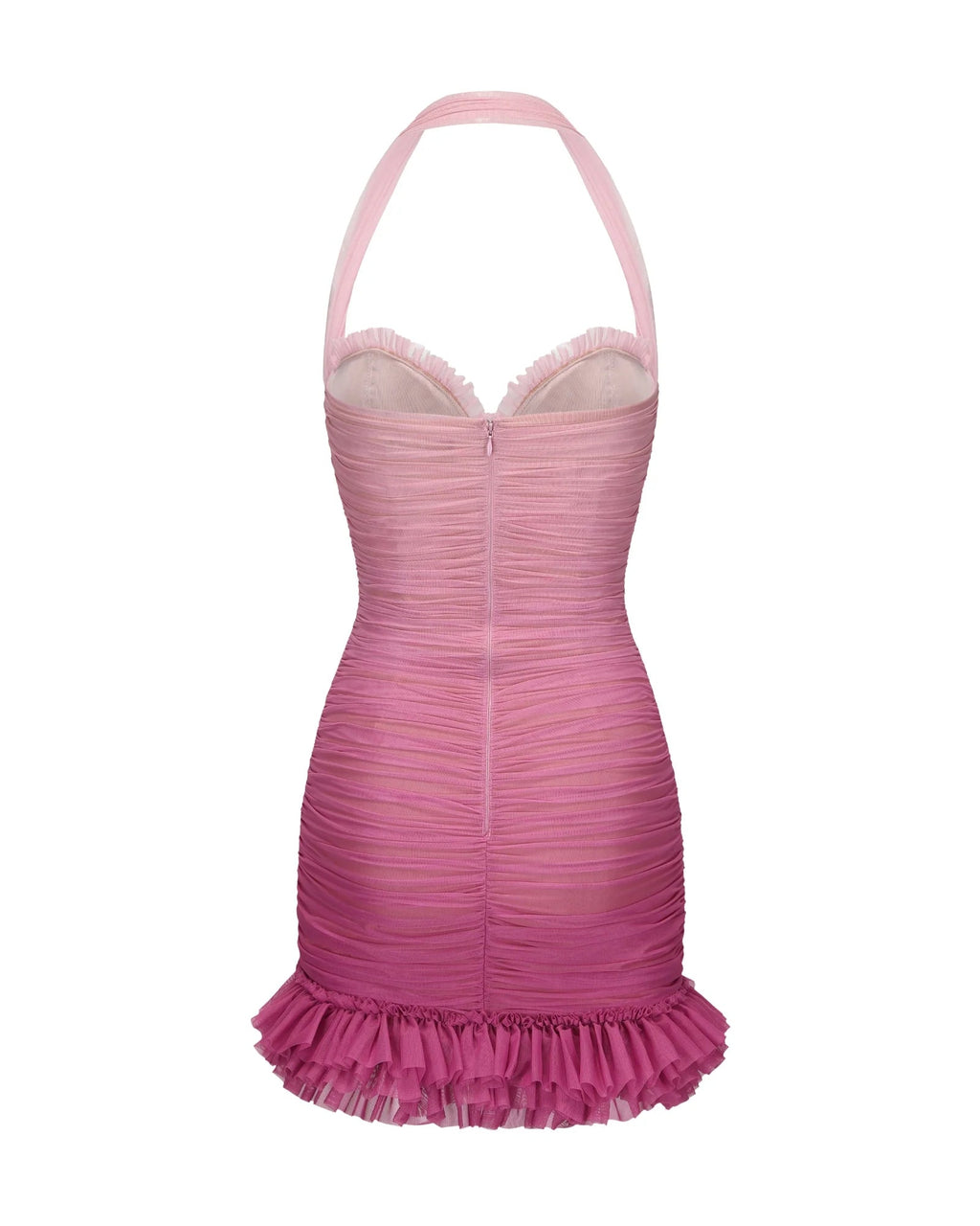 Halter Mesh Gradient Rushed Mini Dress in Pink Avalabel