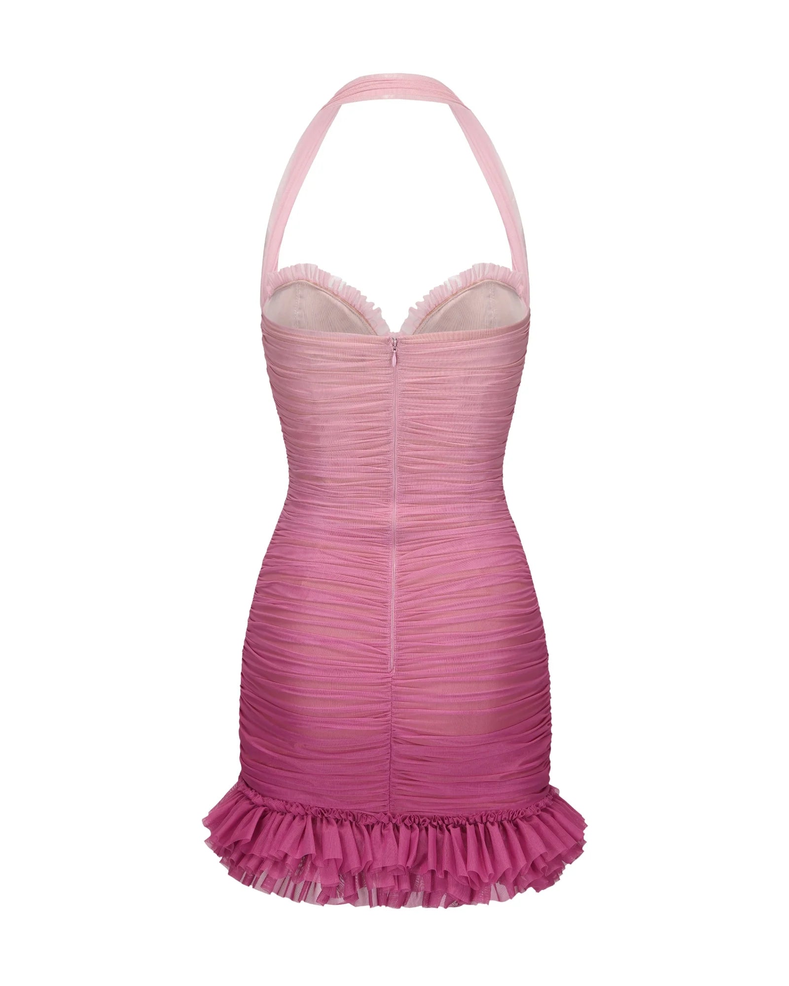 Halter Mesh Gradient Rushed Mini Dress in Pink Avalabel