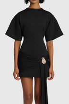Draped Embellished Mini Dress - Black Avalabel