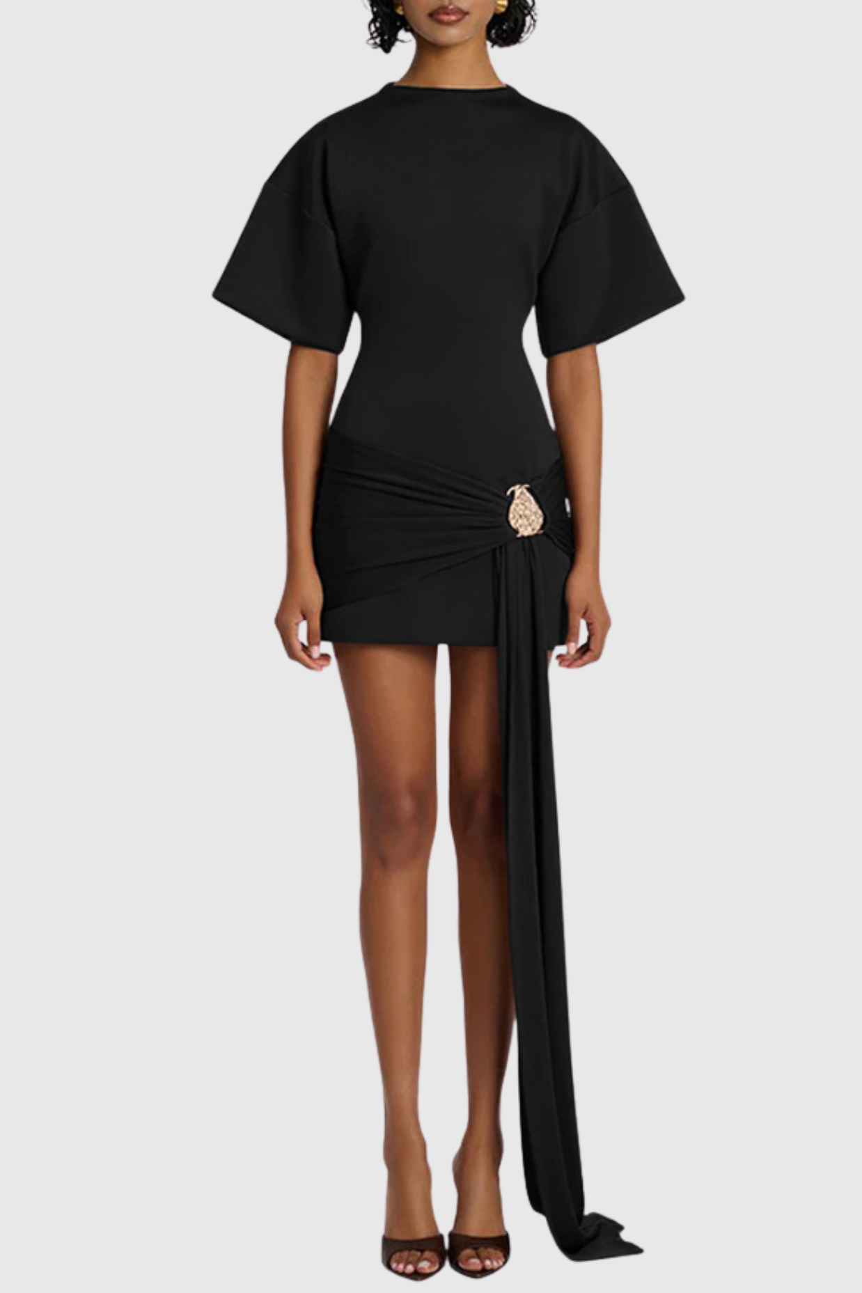 Draped Embellished Mini Dress - Black Avalabel