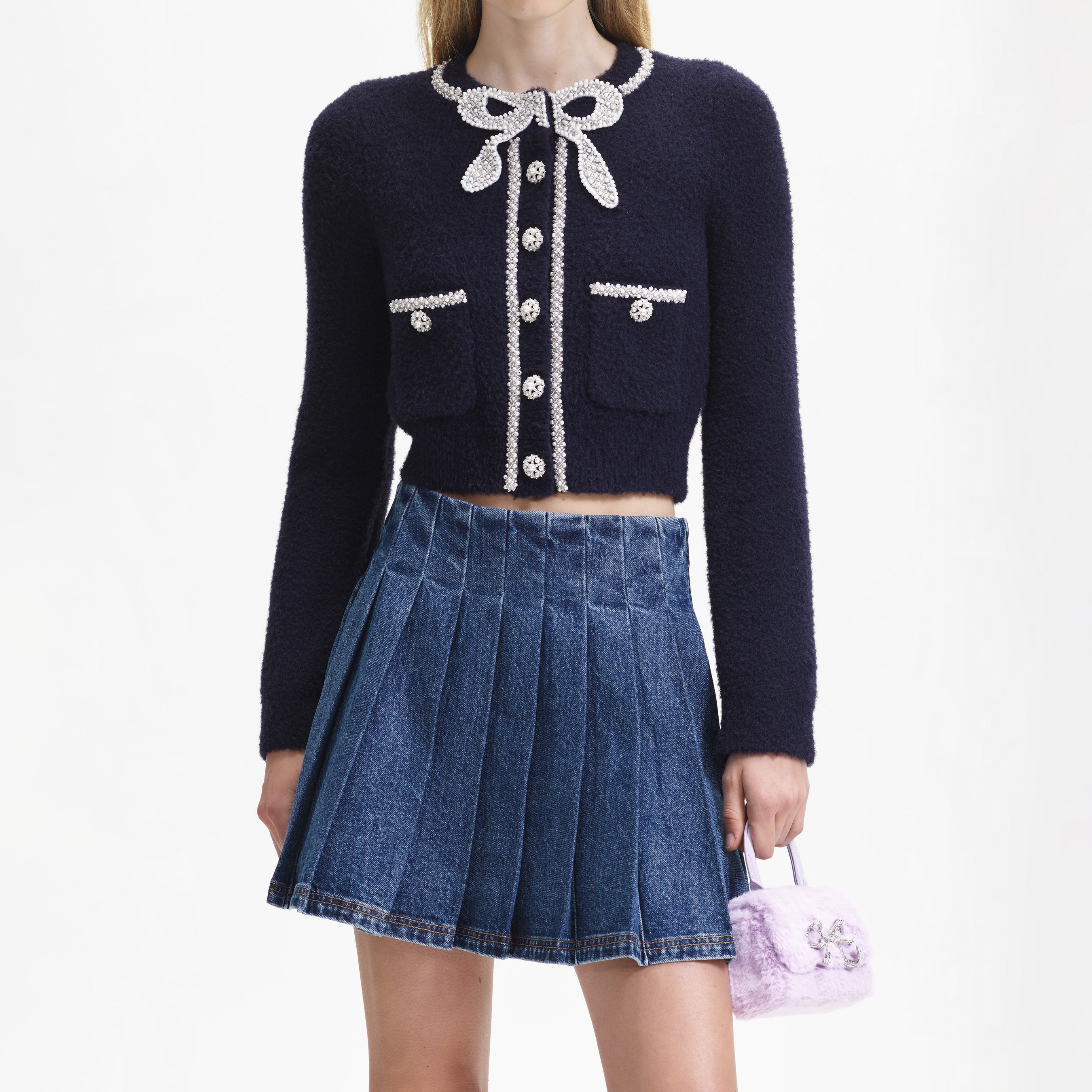 NAVY SOFT KNIT BOW CARDIGAN Avalabel
